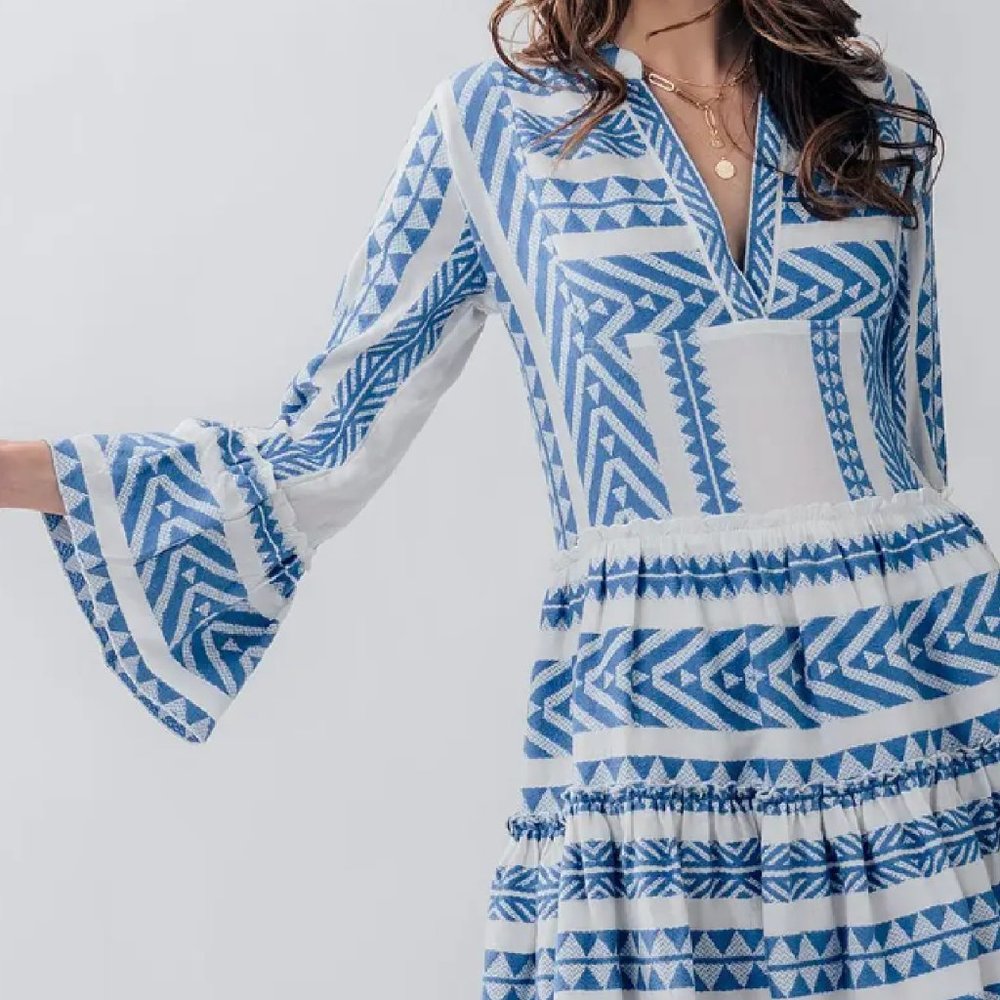 GEO PATTERN RUFFLE BELL SLEEVE DRESS - Picture 3 of 6